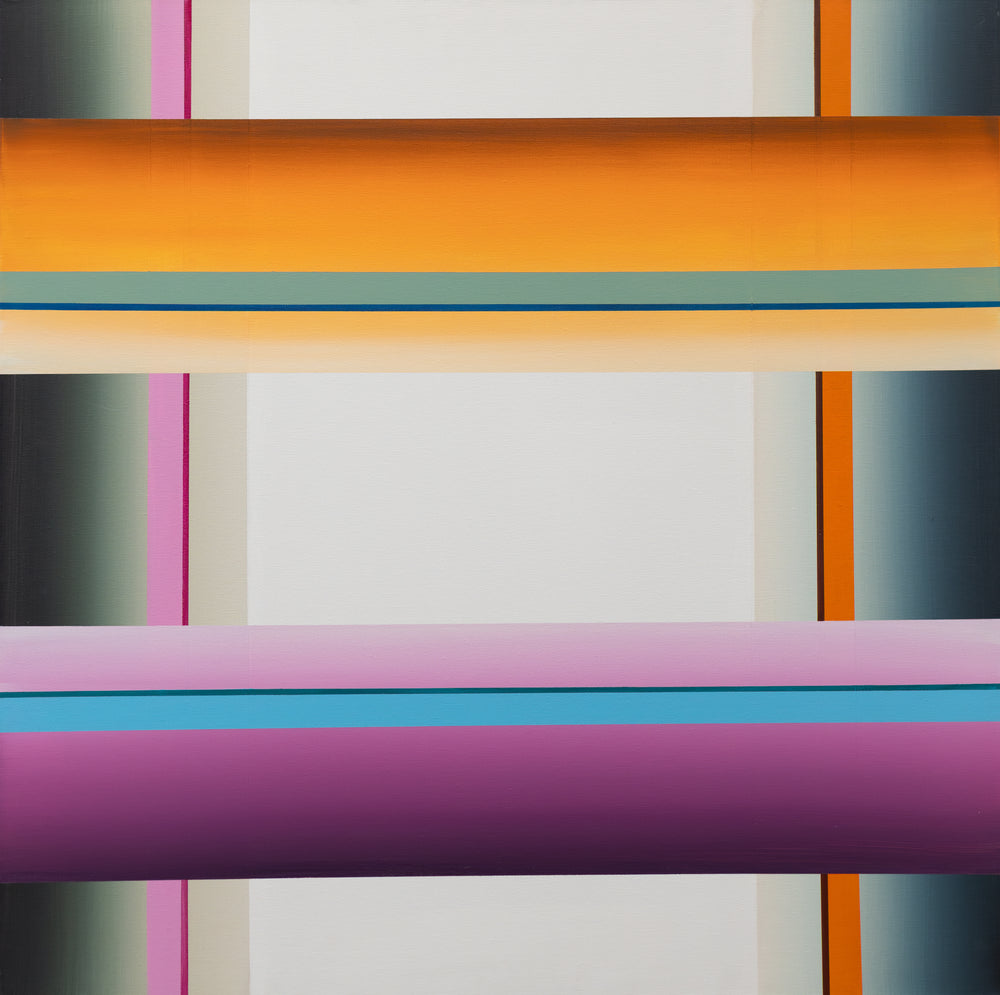 Infinity Stripes by Brigitte Puschmann, with orange and purple horizontal bands over pale gray and narrow teal and pink stripes.