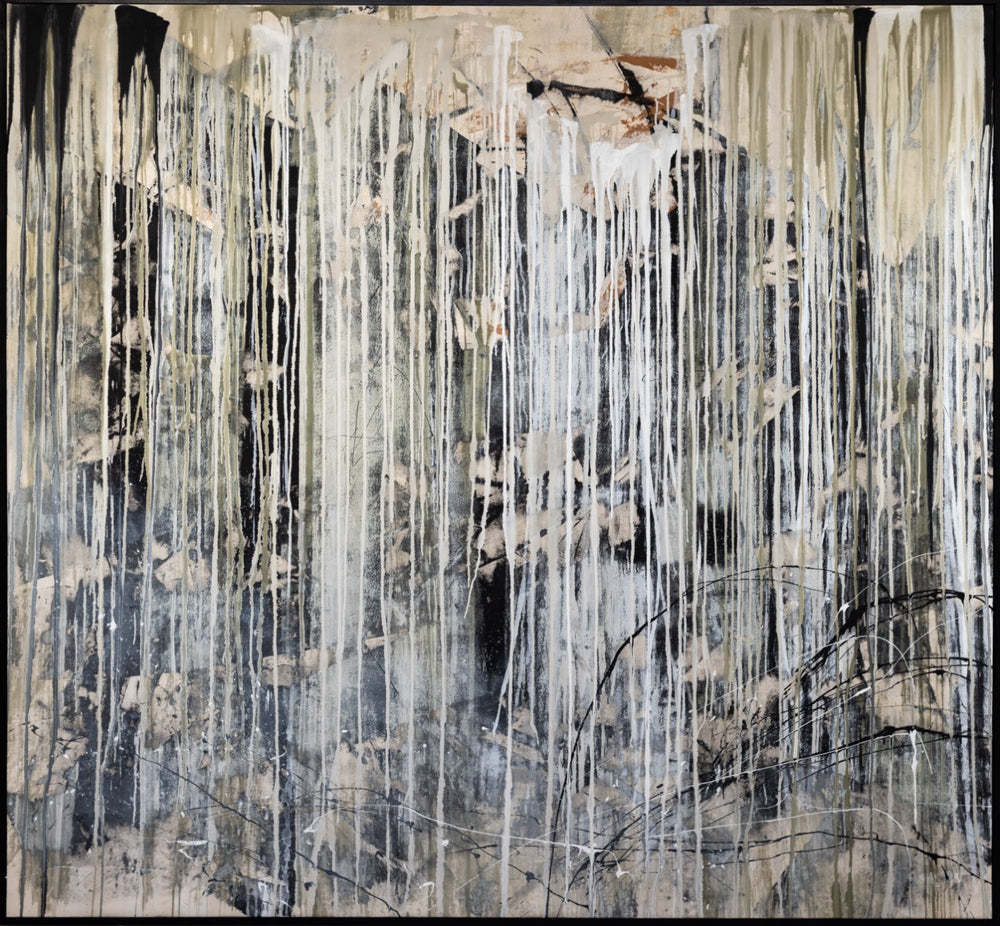 Aqueous Path by Mike O'Guinn, with dense white and cream vertical streaks over gray and black abstract marks.