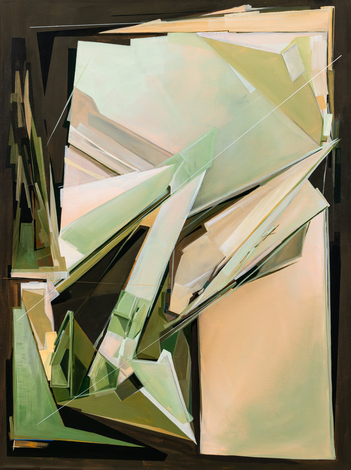 Abstract painting of sharp, overlapping shards in sage green, peach and blush on a dark ground, crossed by thin white lines.