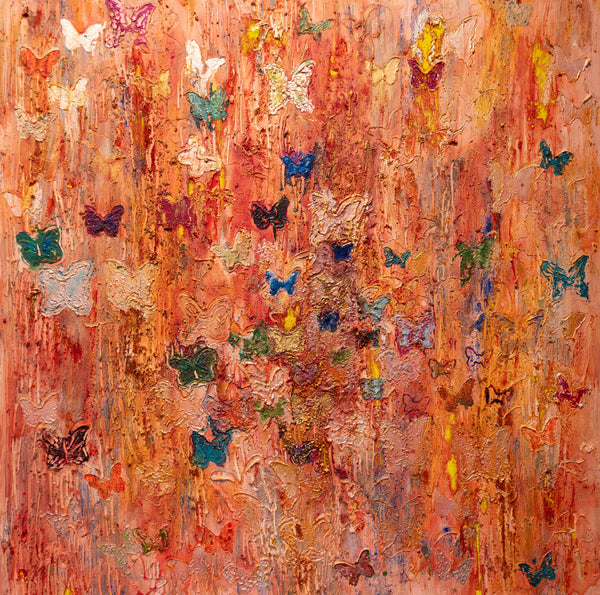 Square textured painting in coral and terracotta with dripping vertical streaks and many butterflies in teal, navy, pink and white.