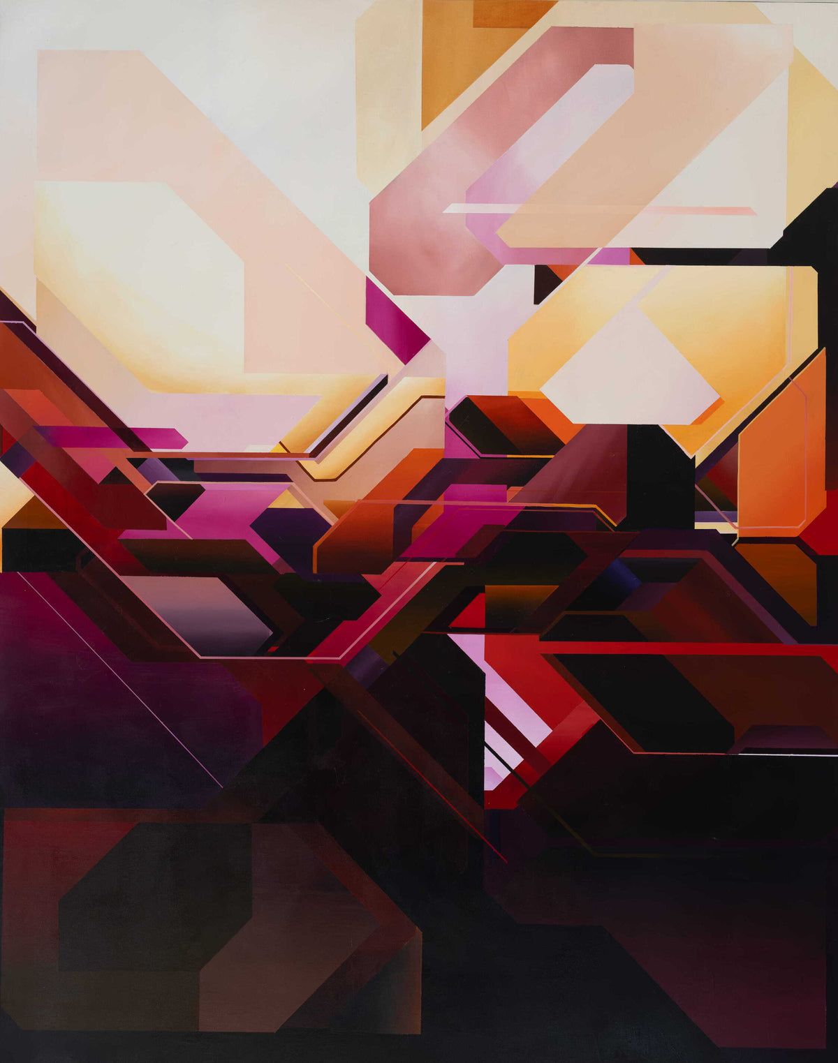 Large geometric abstract painting of beveled planes moving from cream and gold at top to crimson, magenta and plum below.