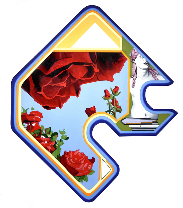 Shaped painting on cut wood with cobalt and yellow borders, a classical marble bust with pink hair, red roses and blue sky.