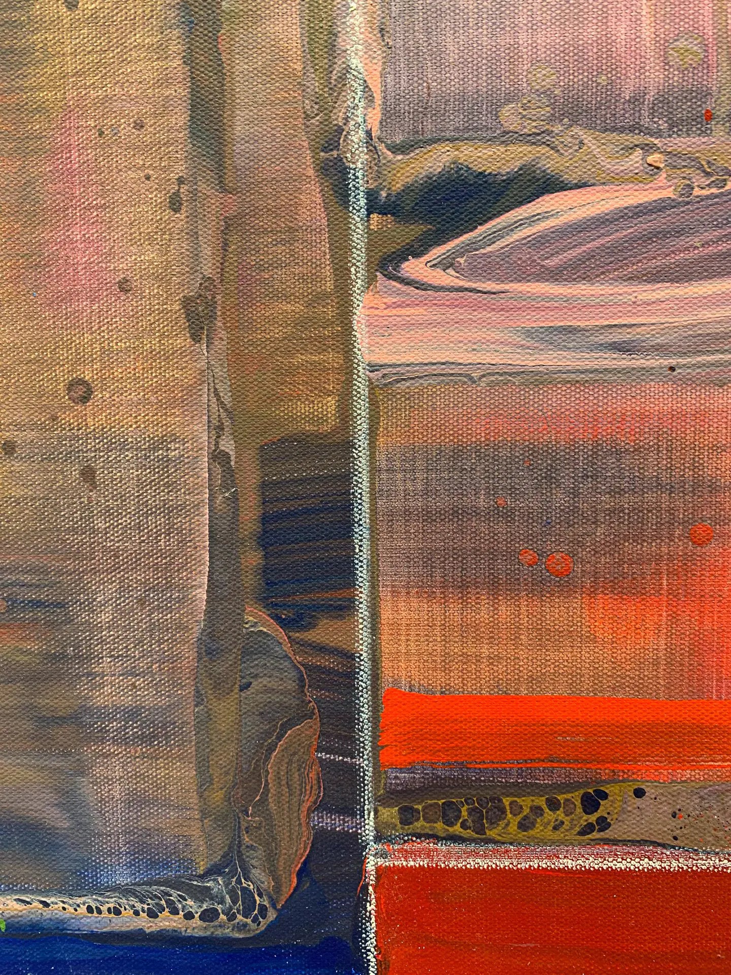A close up detail shot of the modern, geometric painting by David Kupferman