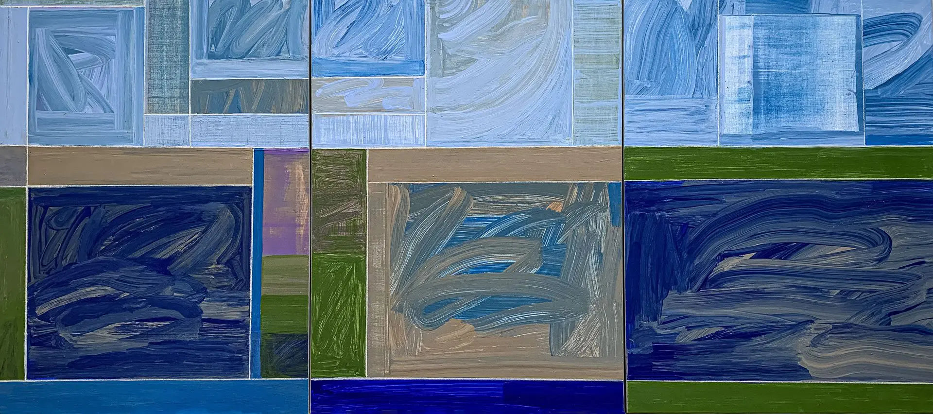 A full scale image of the modern, geometric triptych painting by David Kupferman