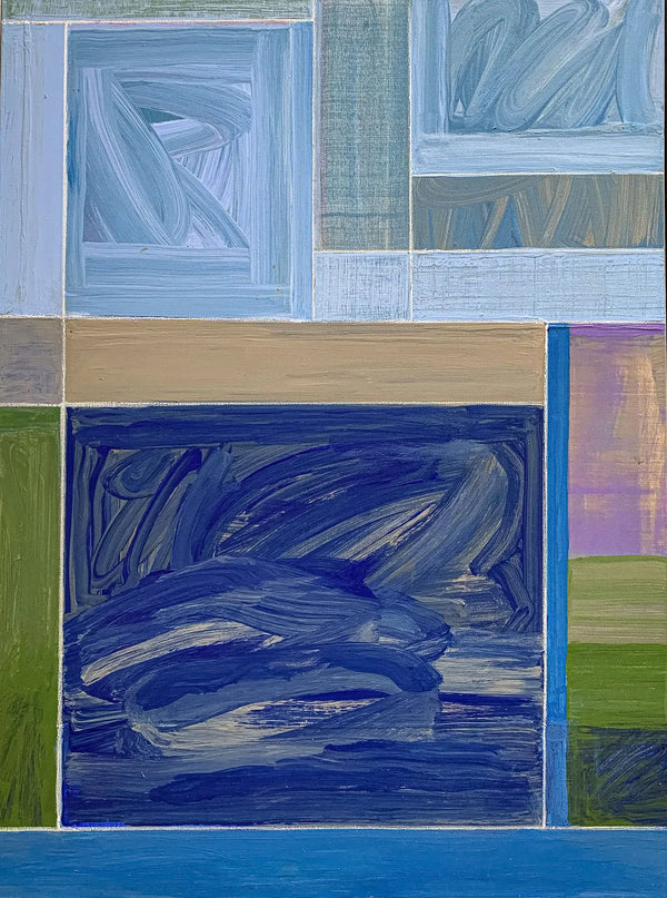 A detail shot of the modern, geometric triptych painting AH by David Kupferman