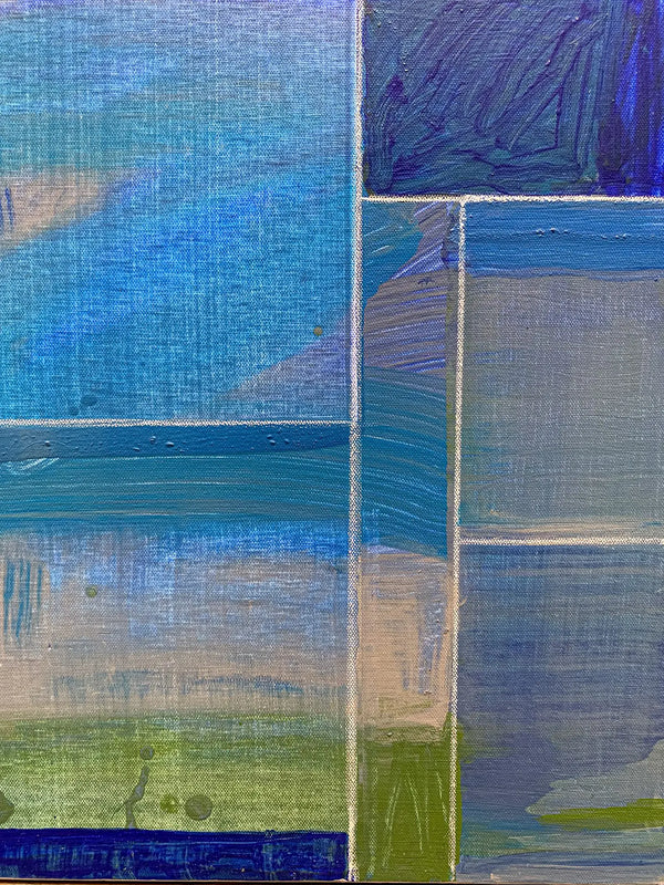 A close-up detail photo of a modern, colorful geometric painting diptych by David Kupferman, AH 9-19-20 by David Kupferman