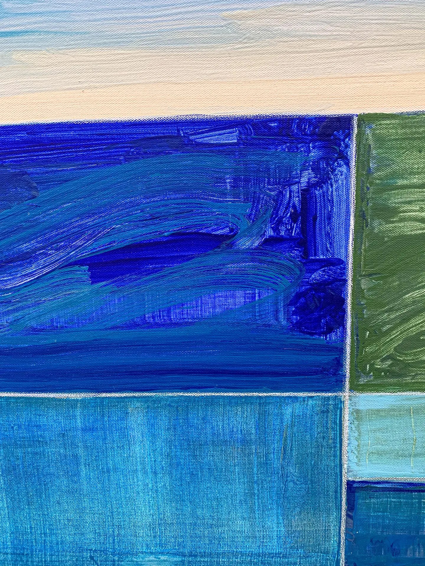 A close-up detail photo of a modern, colorful geometric painting diptych by David Kupferman, AH 9-19-20 by David Kupferman