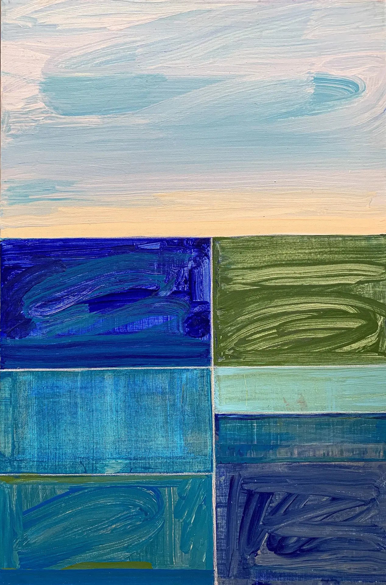 A close-up detail photo of a modern, colorful geometric painting diptych by David Kupferman, AH 9-19-20 by David Kupferman