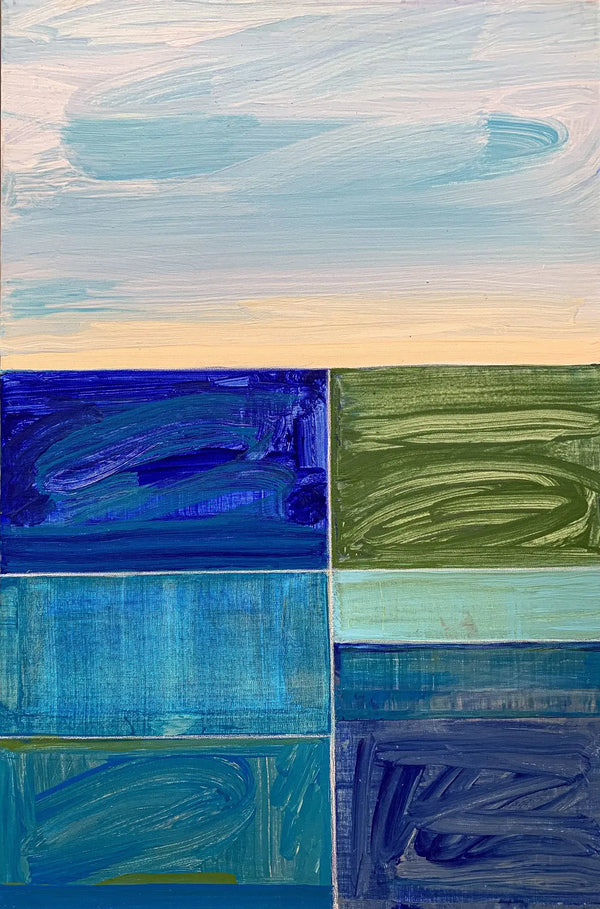 A close-up detail photo of a modern, colorful geometric painting diptych by David Kupferman, AH 9-19-20 by David Kupferman
