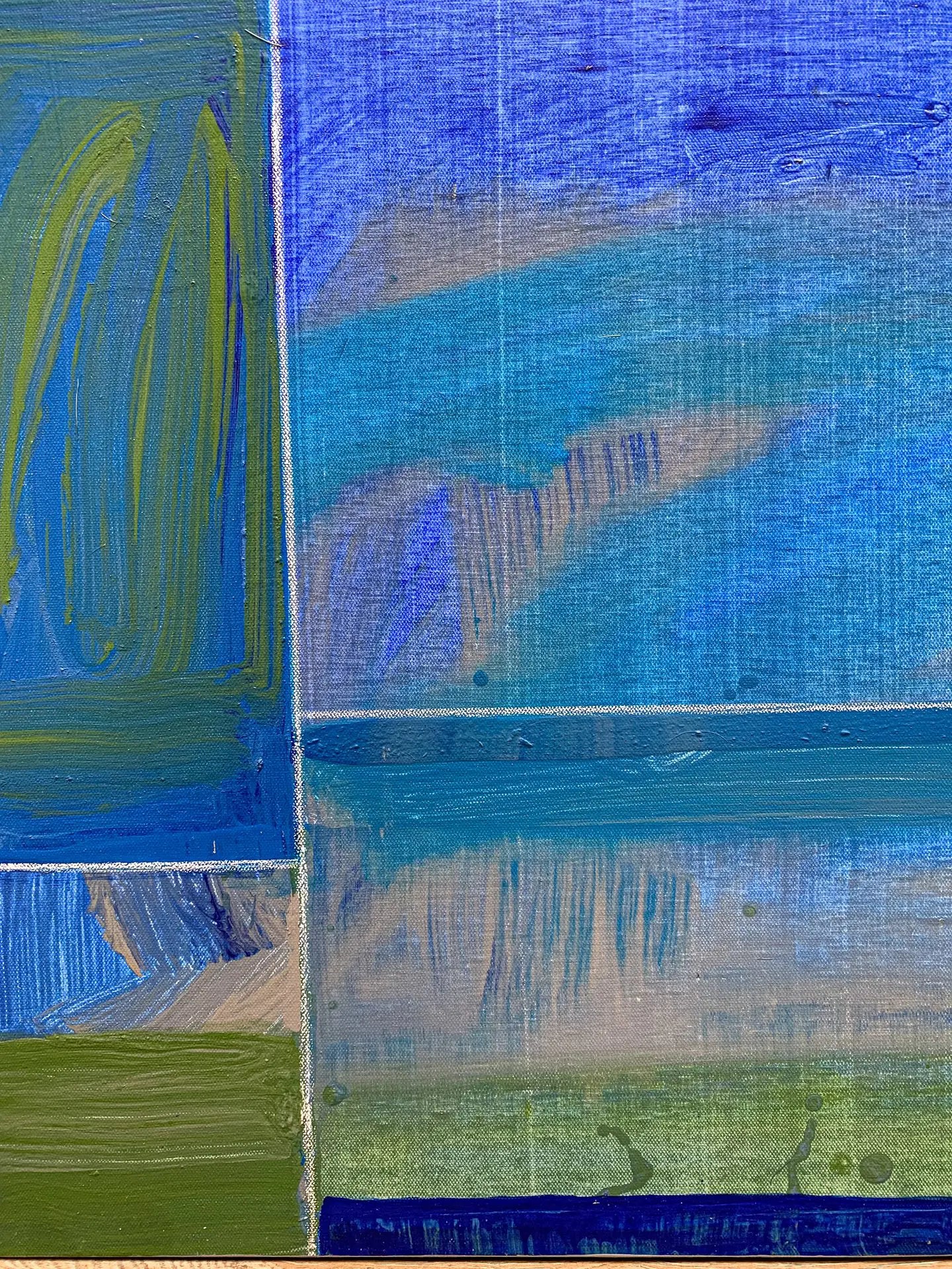 A close-up detail photo of a modern, colorful geometric painting diptych by David Kupferman, AH 9-19-20 by David Kupferman