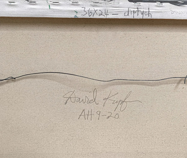 A close-up detail photo of the signature on a modern, colorful geometric painting diptych by David Kupferman, AH 9-19-20 by David Kupferman