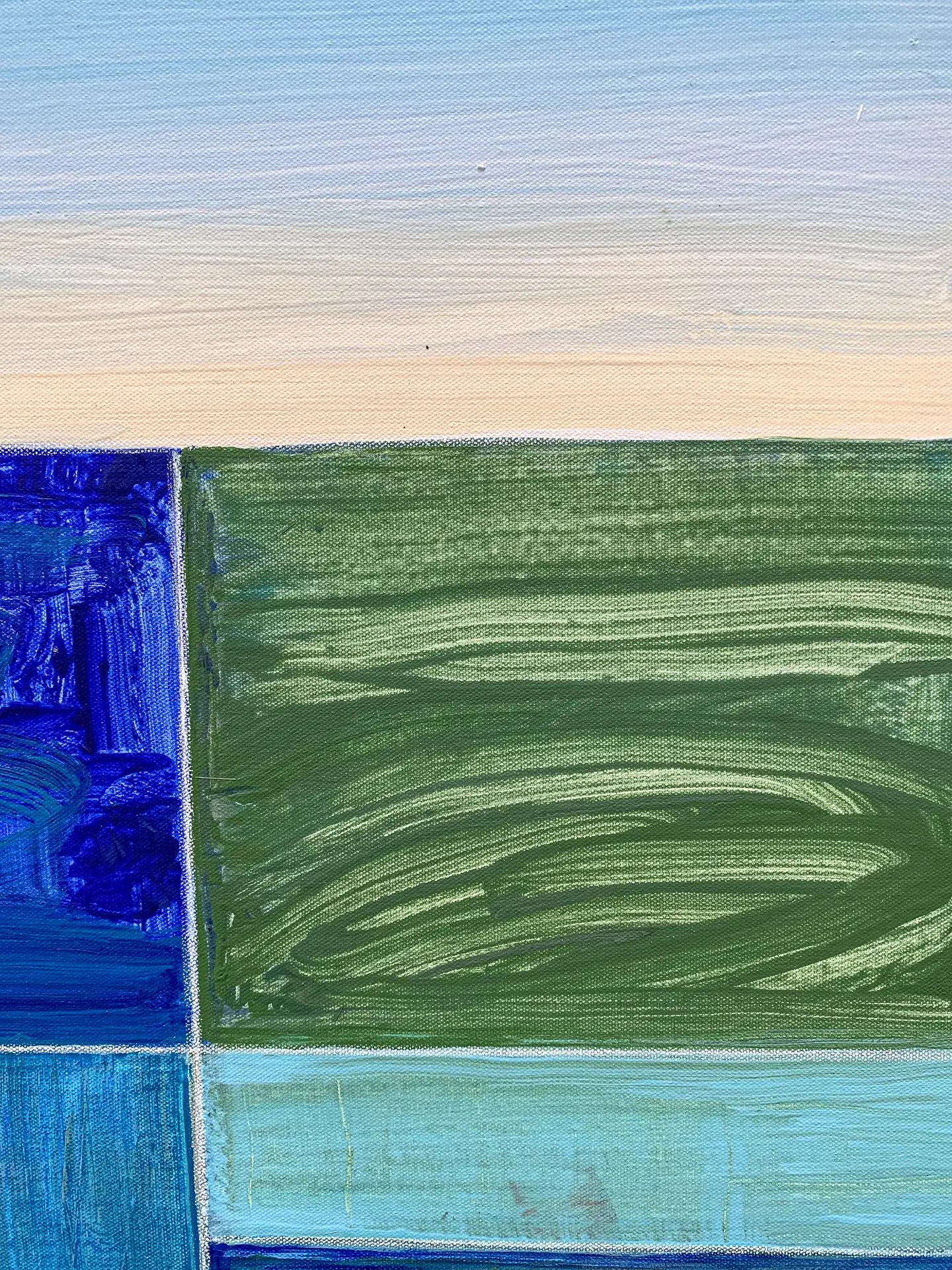 A close-up detail photo of a modern, colorful geometric painting by David Kupferman, AH 9-19-20 by David Kupferman