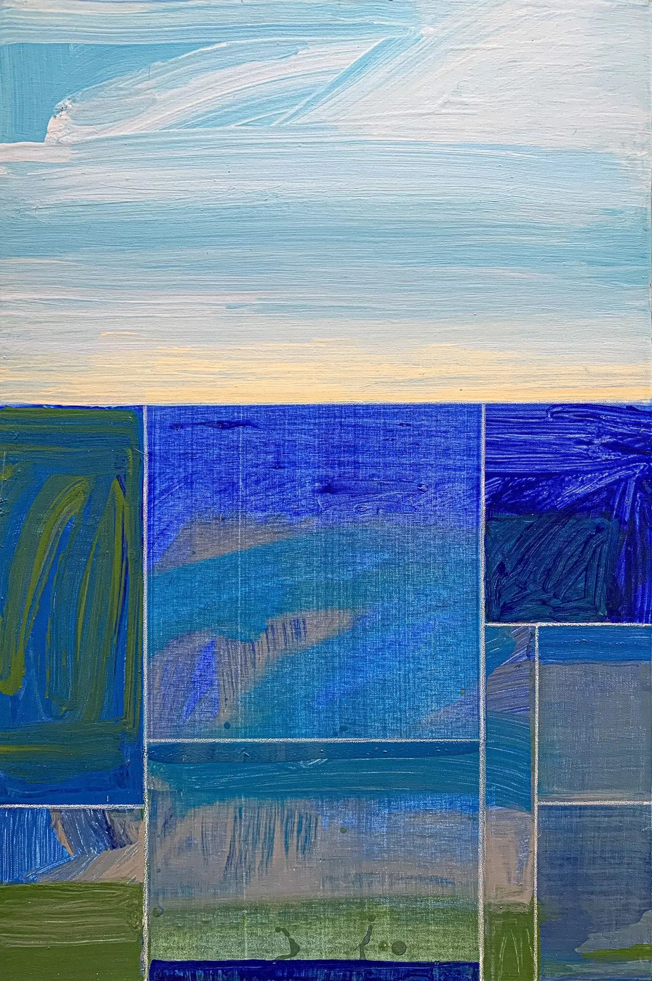 A close-up detail photo of a modern, colorful geometric painting by David Kupferman, AH 9-19-20 by David Kupferman