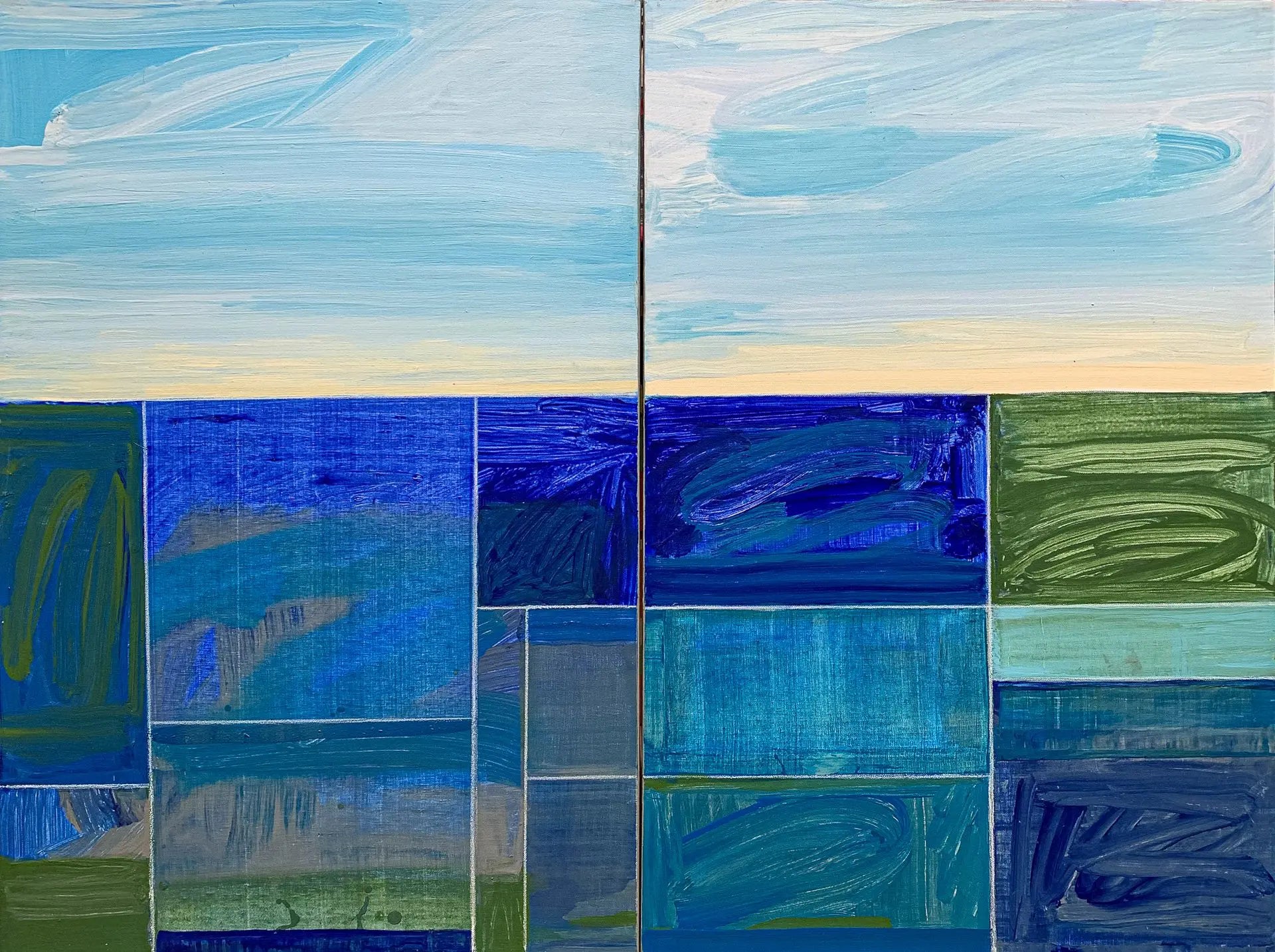 A close-up detail photo of a modern, colorful geometric painting diptych by David Kupferman, AH 9-19-20 by David Kupferman