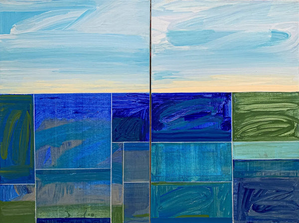 A close-up detail photo of a modern, colorful geometric painting diptych by David Kupferman, AH 9-19-20 by David Kupferman