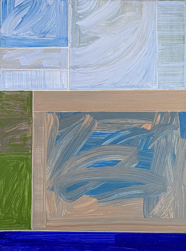 A close up detail shot of the modern, geometric triptych painting by David Kupferman