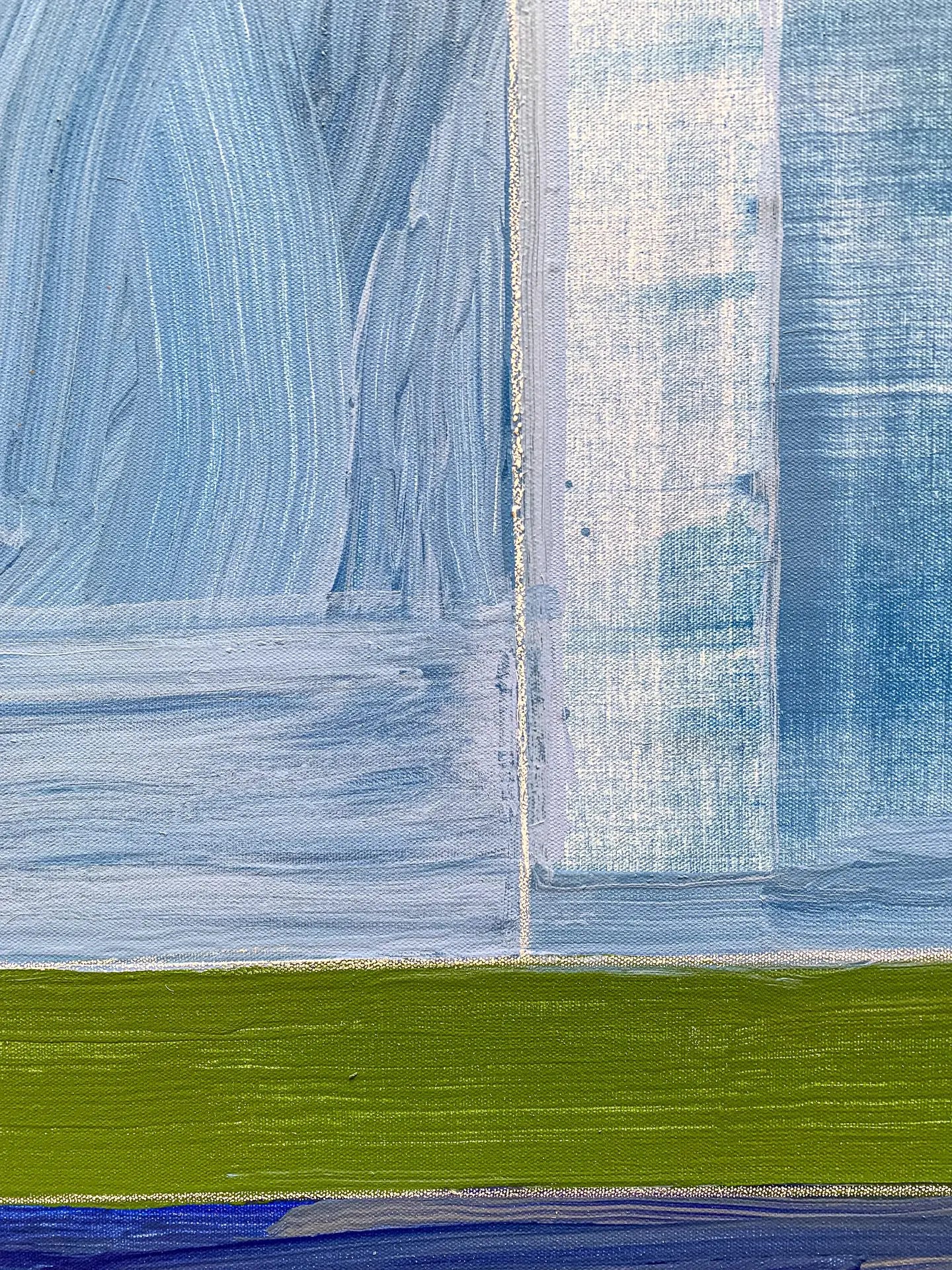 A close up detail shot of the modern, geometric triptych painting by David Kupferman