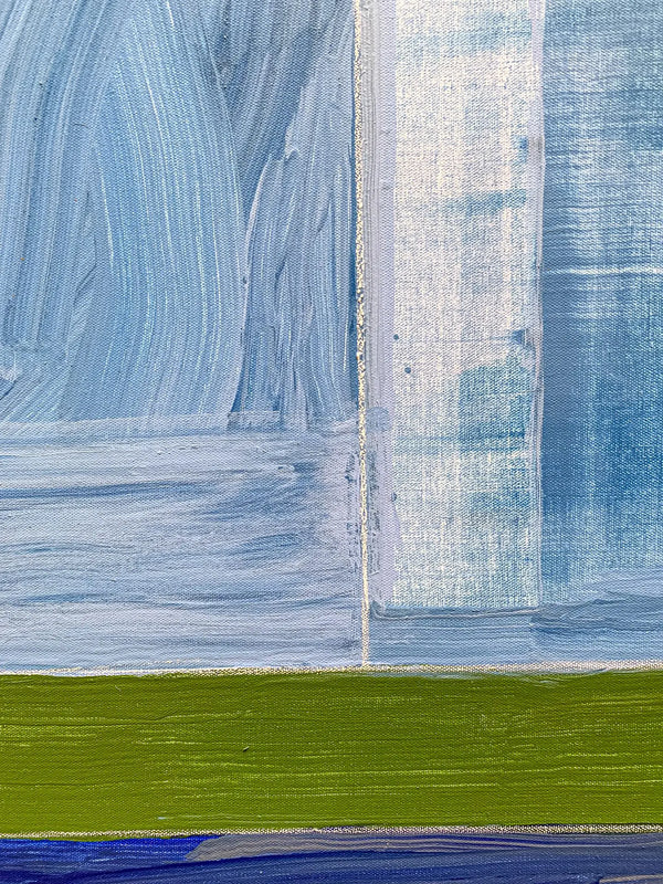 A close up detail shot of the modern, geometric triptych painting by David Kupferman