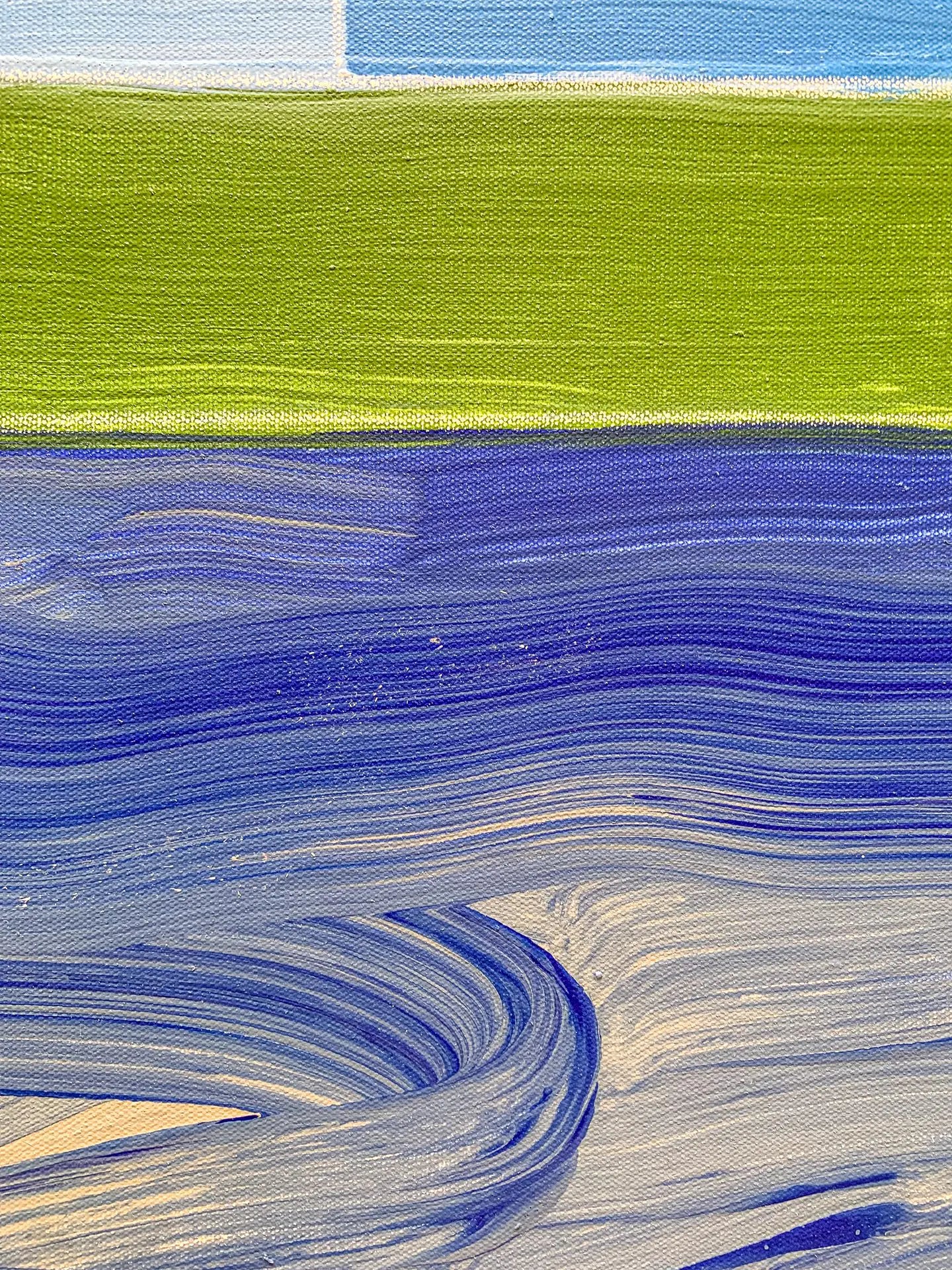 A close up detail shot of the modern, geometric triptych painting by David Kupferman