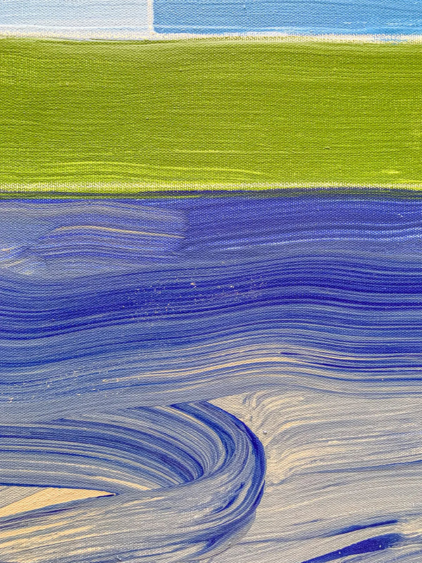 A close up detail shot of the modern, geometric triptych painting by David Kupferman
