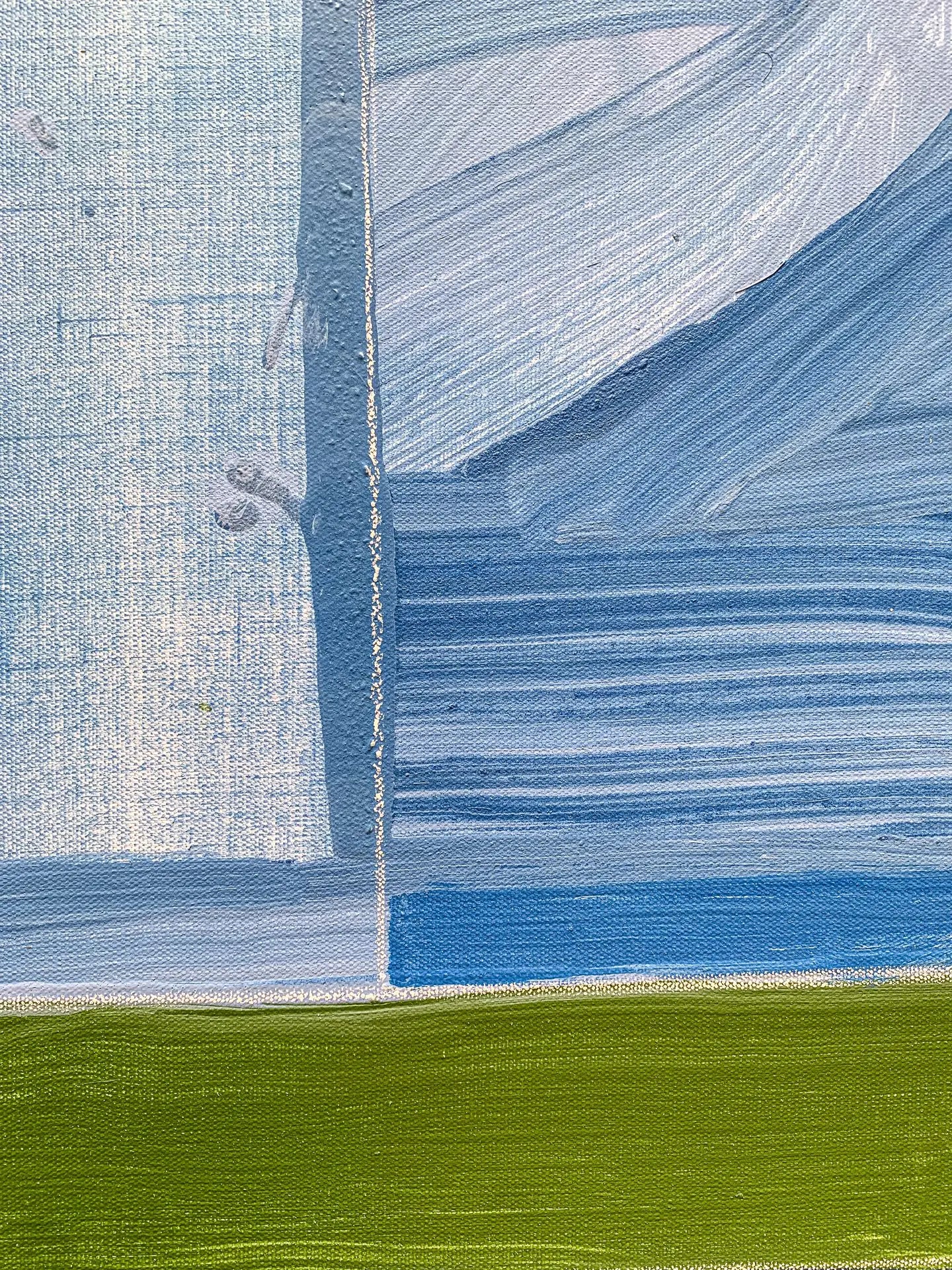 A close up detail shot of the modern, geometric triptych painting by David Kupferman