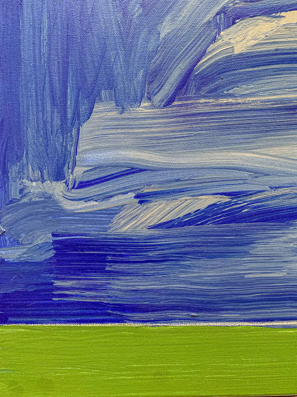 A close up detail shot of the modern, geometric triptych painting by David Kupferman