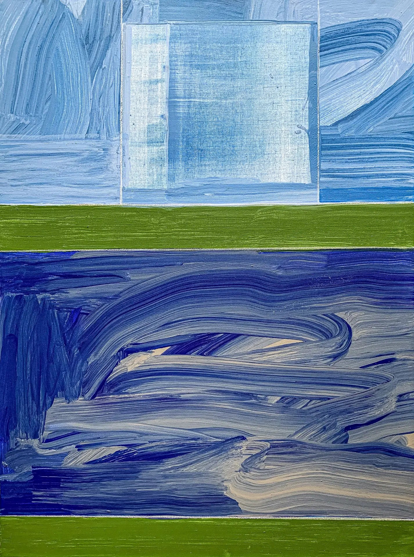 A detail shot of the modern, geometric triptych painting AH 9-3 by David Kupferman