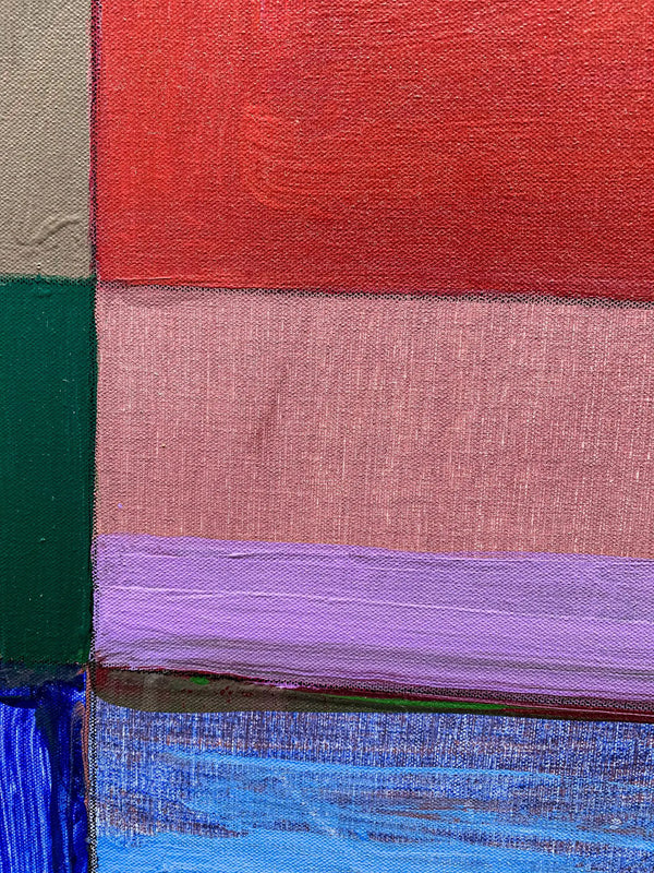 A close-up detail photo of a modern, colorful geometric painting by David Kupferman, AI 1-6