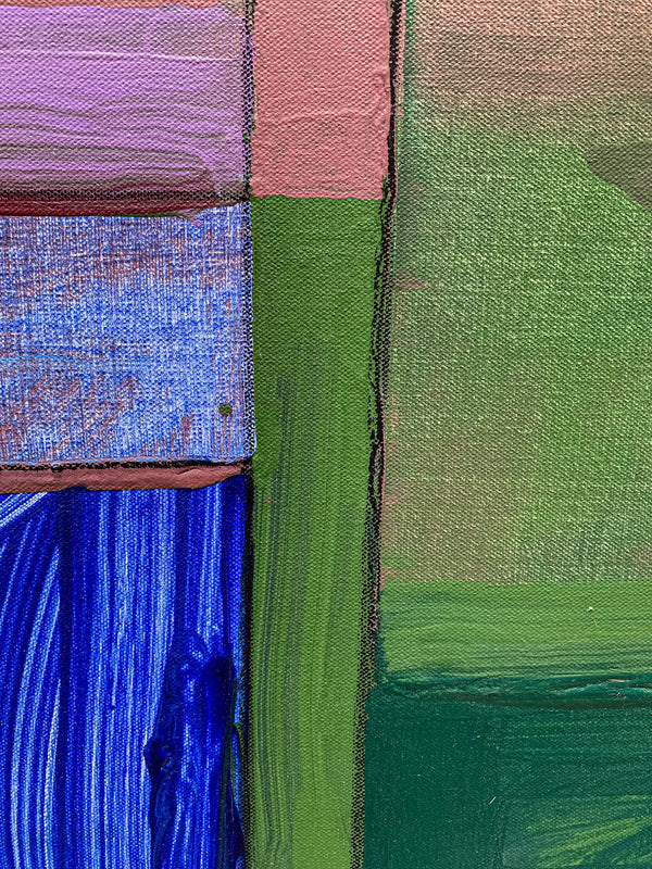 A close-up detail photo of a modern, colorful geometric painting by David Kupferman, AI 1-6