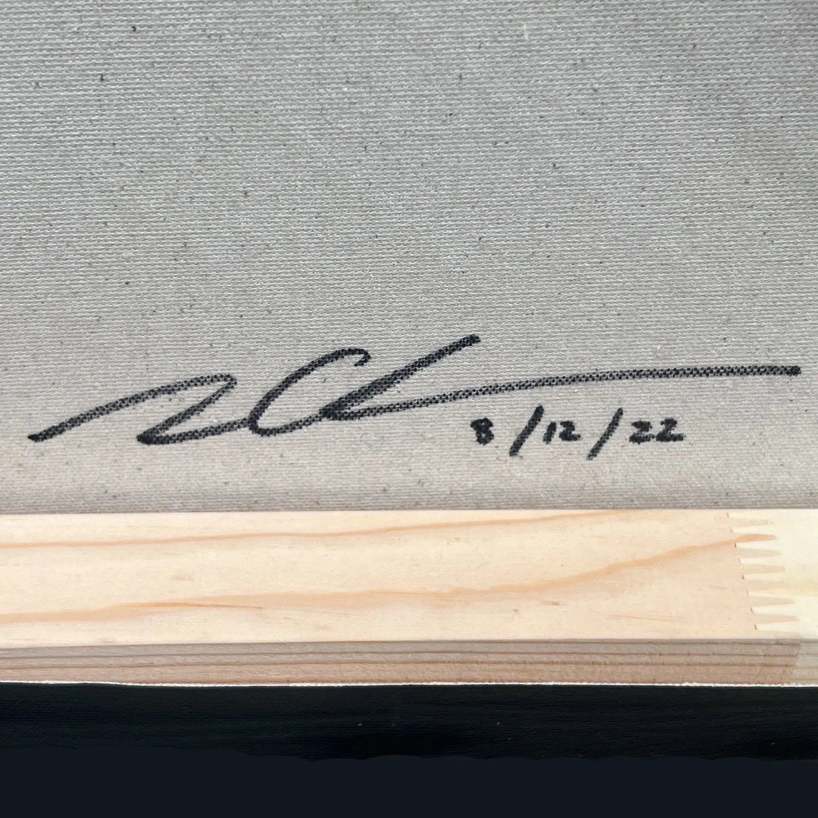 The artist's signature and date on the back of the painting MINKY by Tim Christie