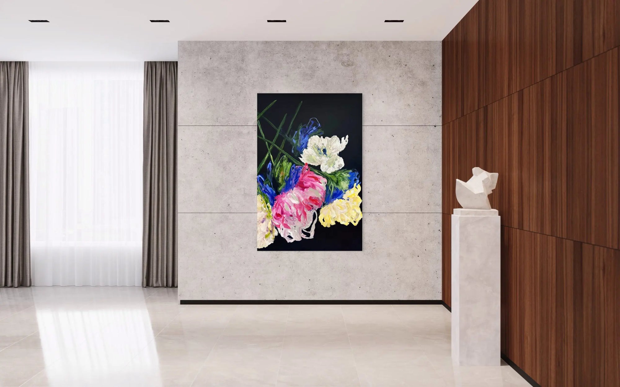 view in a room of large abstract floral painting Lost in a Dream #2 by artist Ramona Stelzer