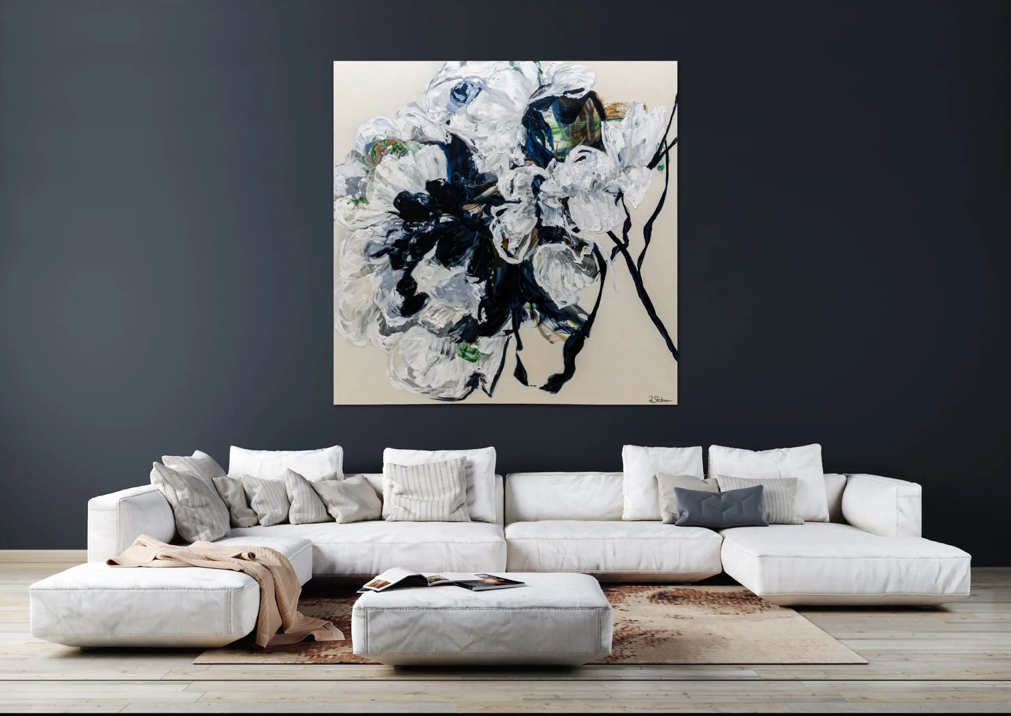 view in a room of large abstract floral painting Petals of Light #3 by artist Ramona Stelzer