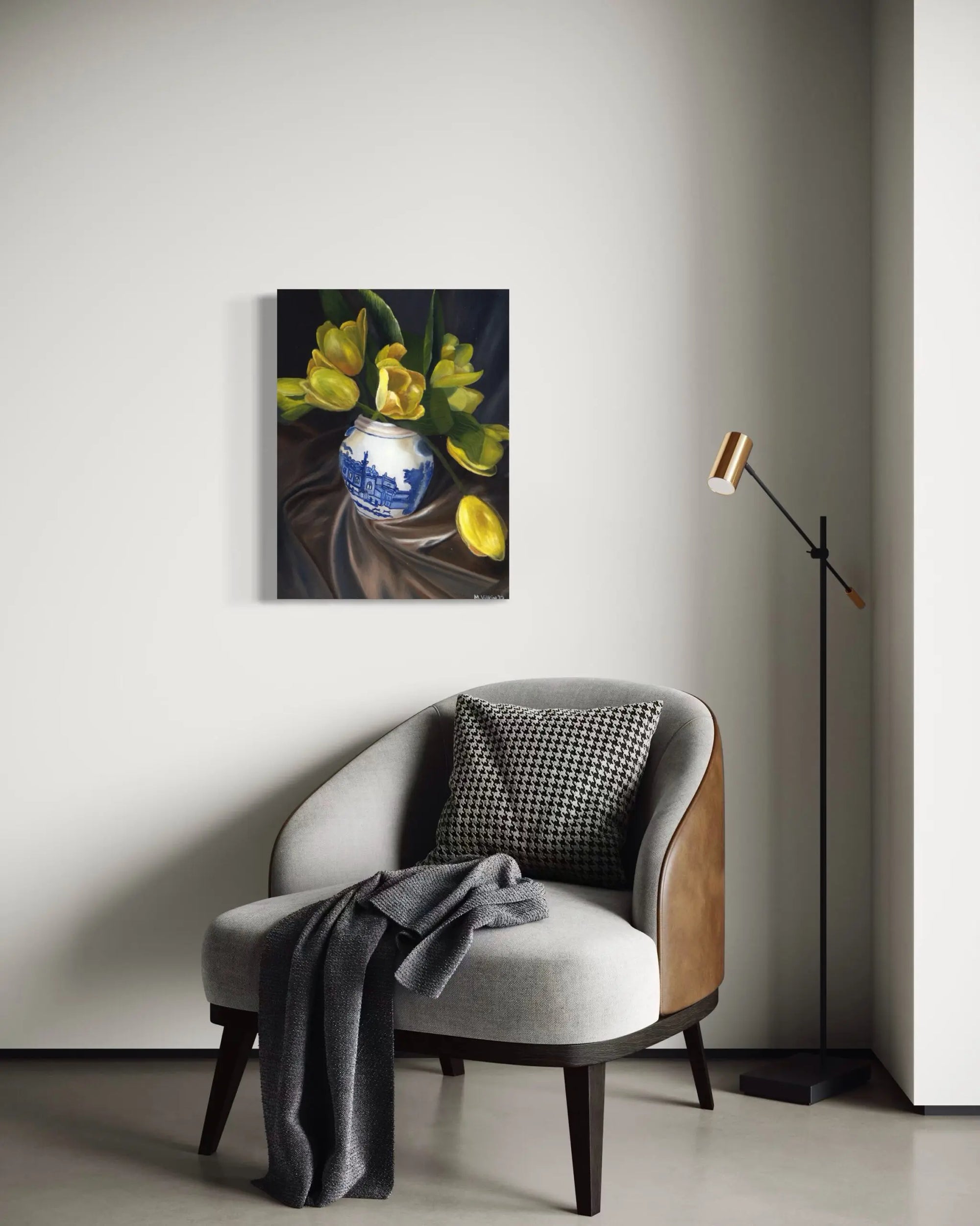 Tulips in a Blue and White Vase