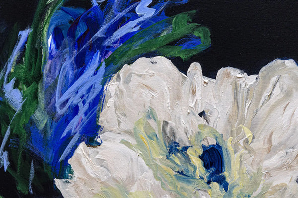 A detailed close up photo of the large abstract floral painting, Lost in a Dream #2 by Ramona Stelzer