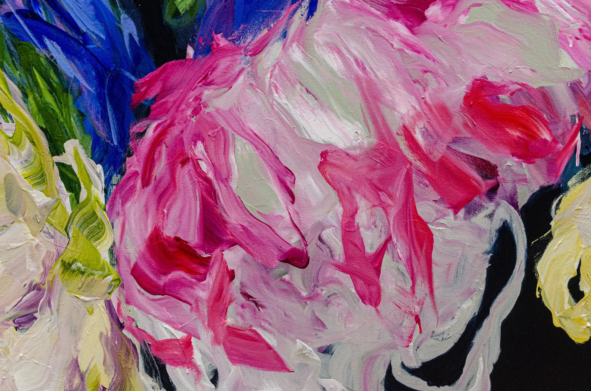 A detailed close up photo of the large abstract floral painting, Lost in a Dream #2 by Ramona Stelzer