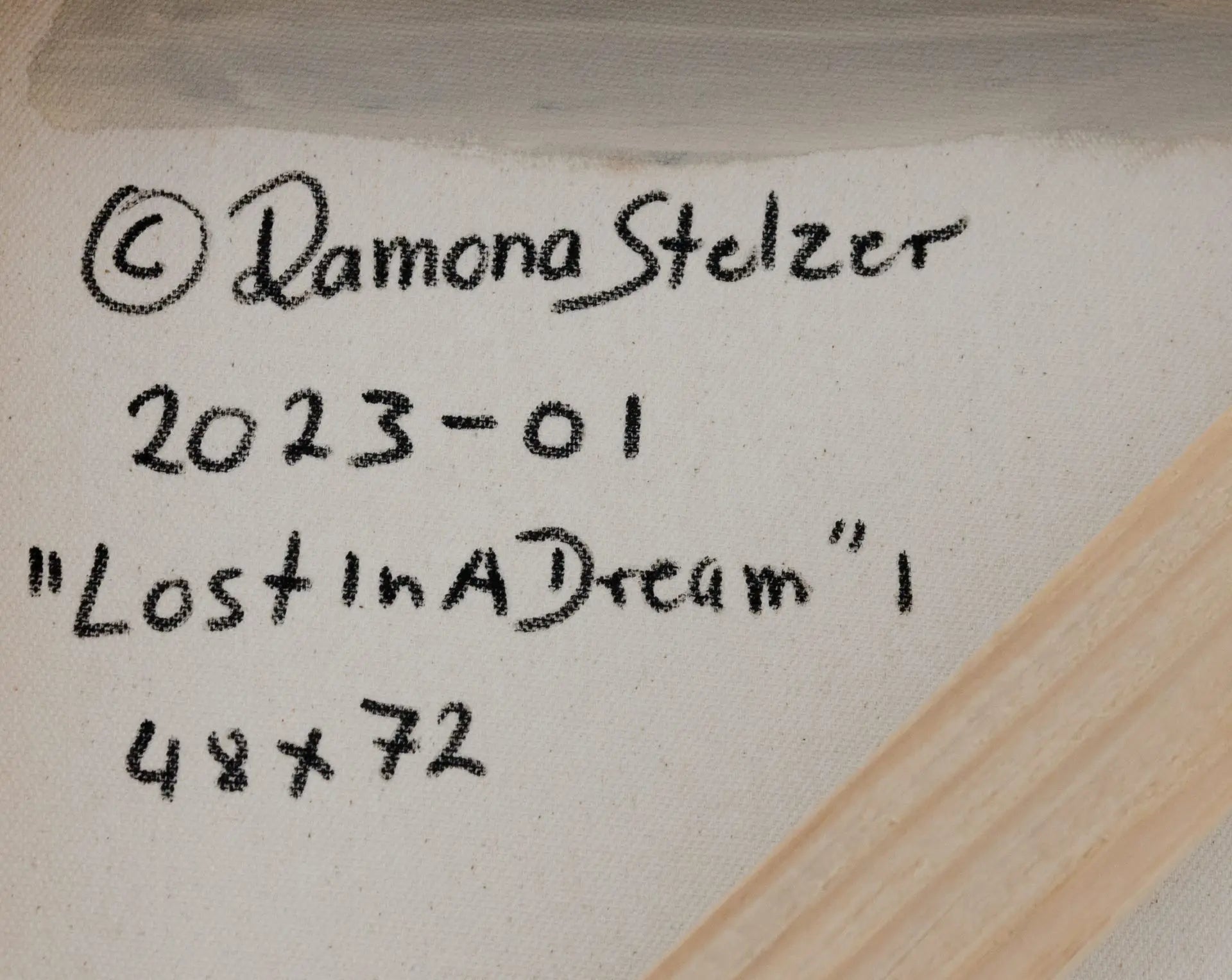 A detailed close up photo of the artist's signature and copyright on the back of a large floral painting Lost in a Dream #1 by Ramona Stelzer