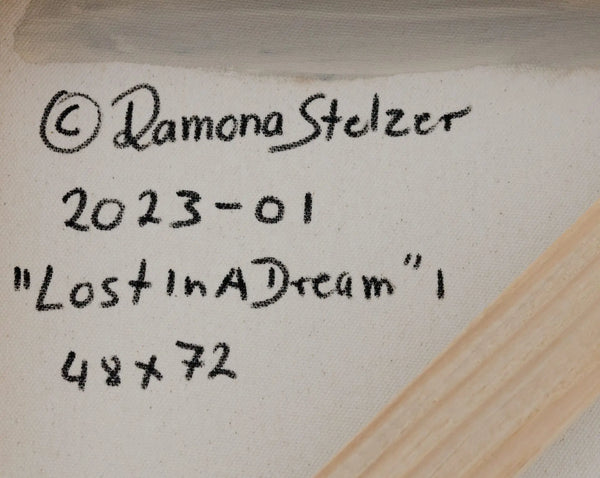 A detailed close up photo of the artist's signature and copyright on the back of a large floral painting Lost in a Dream #1 by Ramona Stelzer