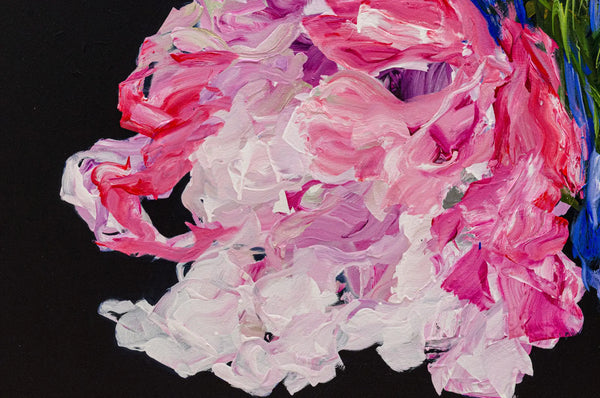 A detailed close up photo of the large abstract floral painting, Lost in a Dream #1 by Ramona Stelzer