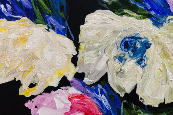 A detailed close up photo of the large abstract floral painting, Lost in a Dream #1 by Ramona Stelzer