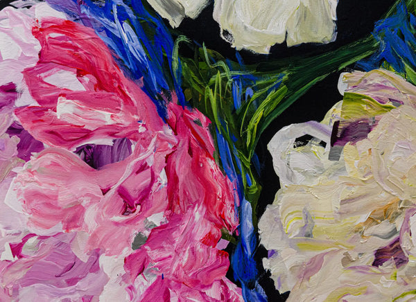 A detailed close up photo of the large abstract floral painting, Lost in a Dream #1 by Ramona Stelzer