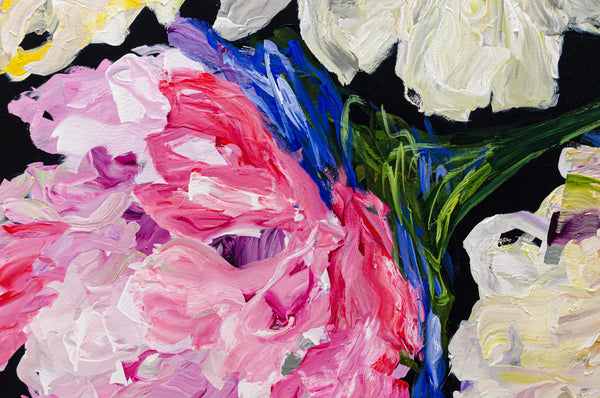 A detailed close up photo of the large abstract floral painting, Lost in a Dream #1 by Ramona Stelzer