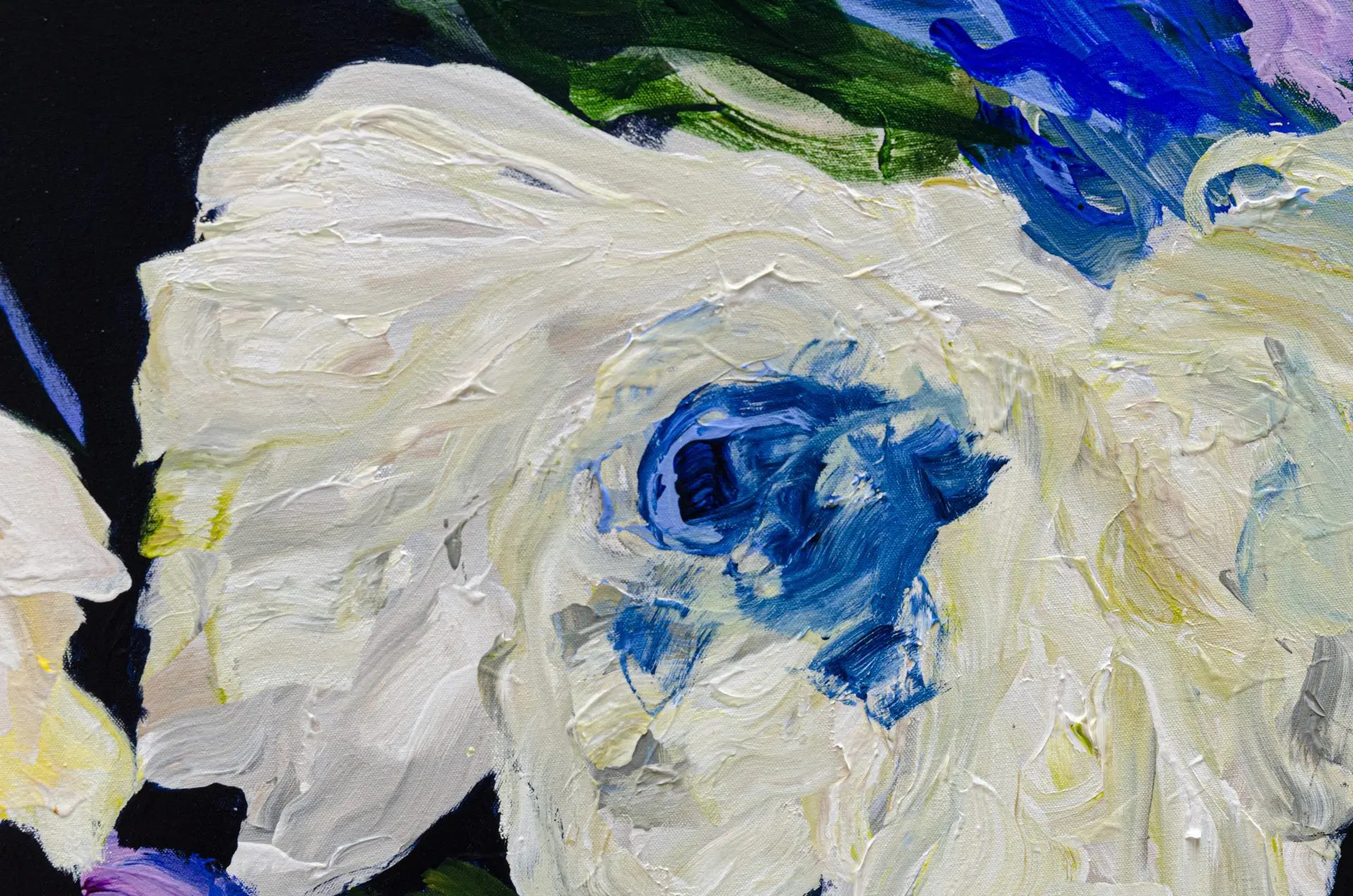 A detailed close up photo of the large abstract floral painting, Lost in a Dream #1 by Ramona Stelzer