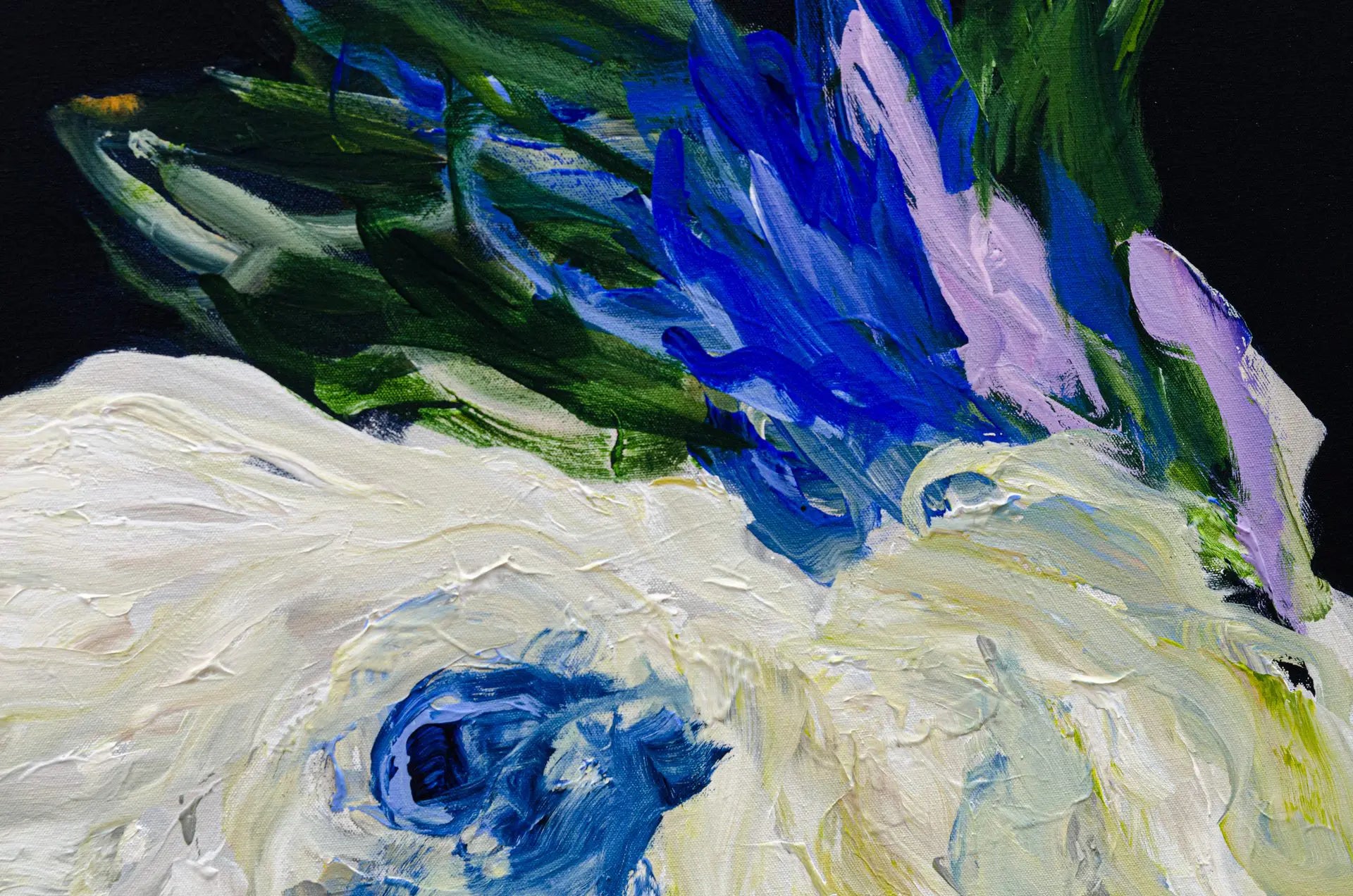 A detailed close up photo of the large abstract floral painting, Lost in a Dream #1 by Ramona Stelzer