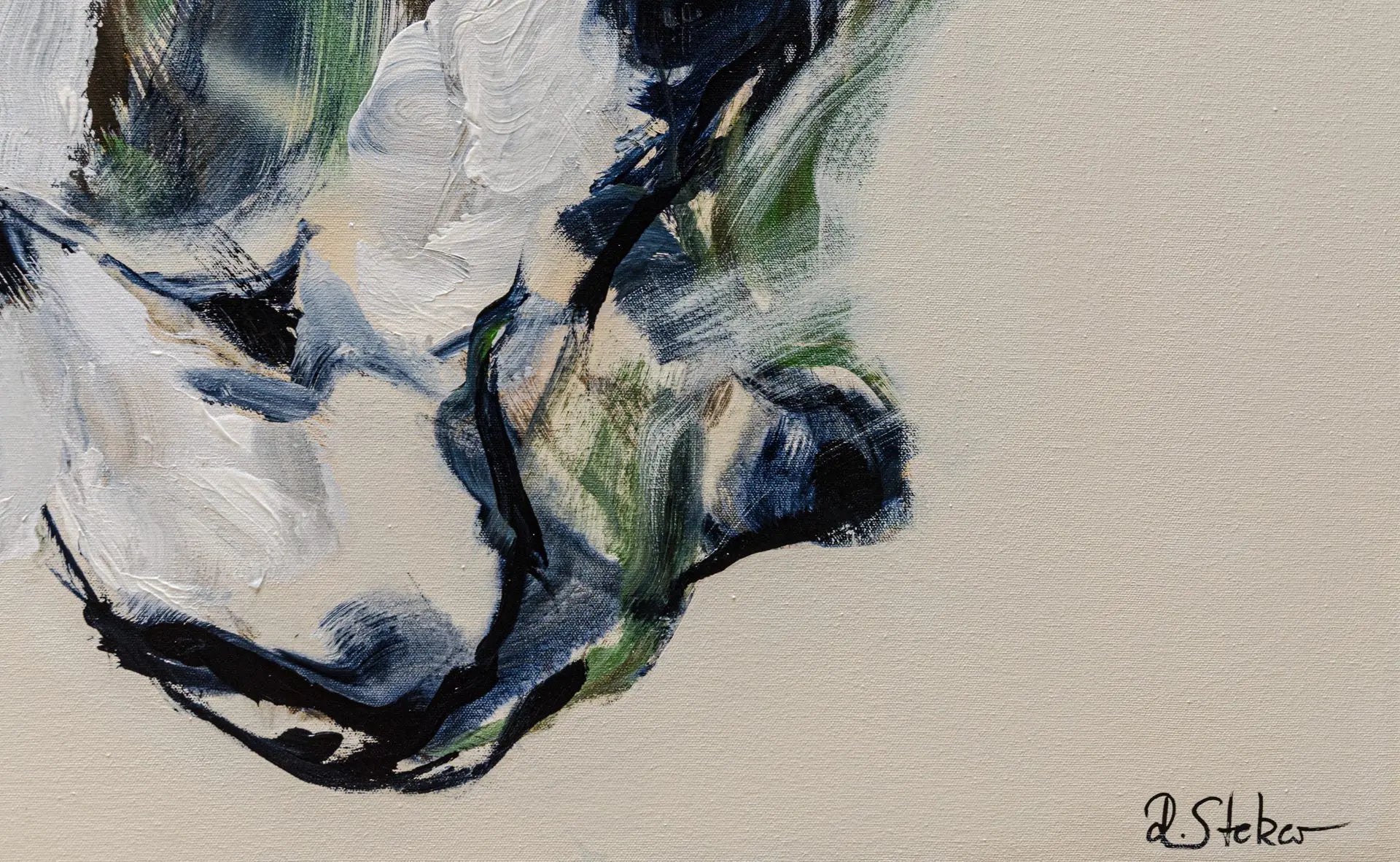 Detailed close up shot of the artist's signature on an abstract floral painting by Ramona Stelzer, Petals of Light