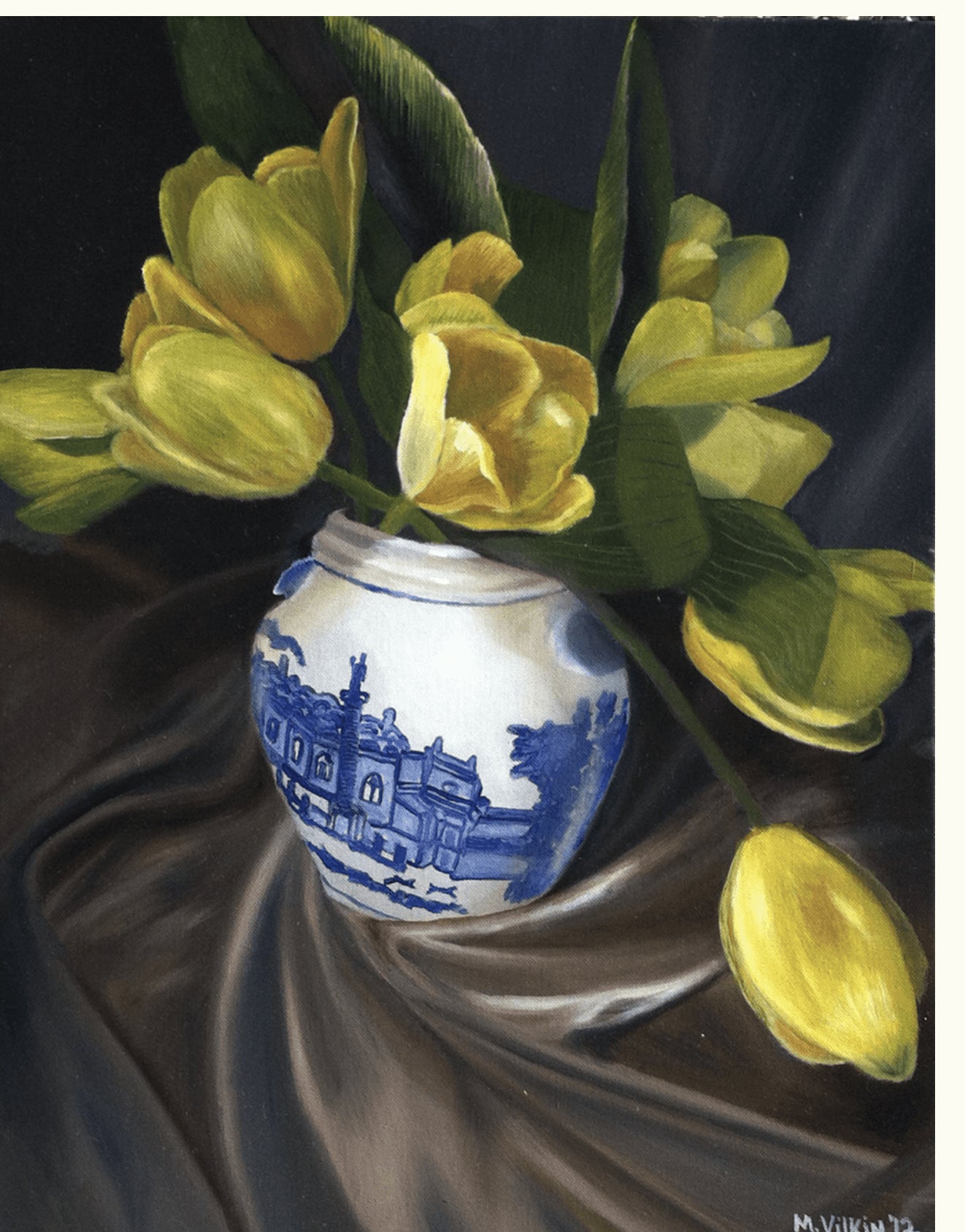 Tulips in a Blue and White Vase