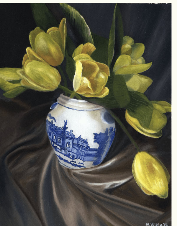 Tulips in a Blue and White Vase
