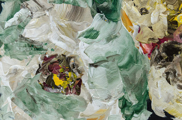 A detailed close up photo of a large abstract floral painting, Wildly Kissed #2 by Ramona Stelzer