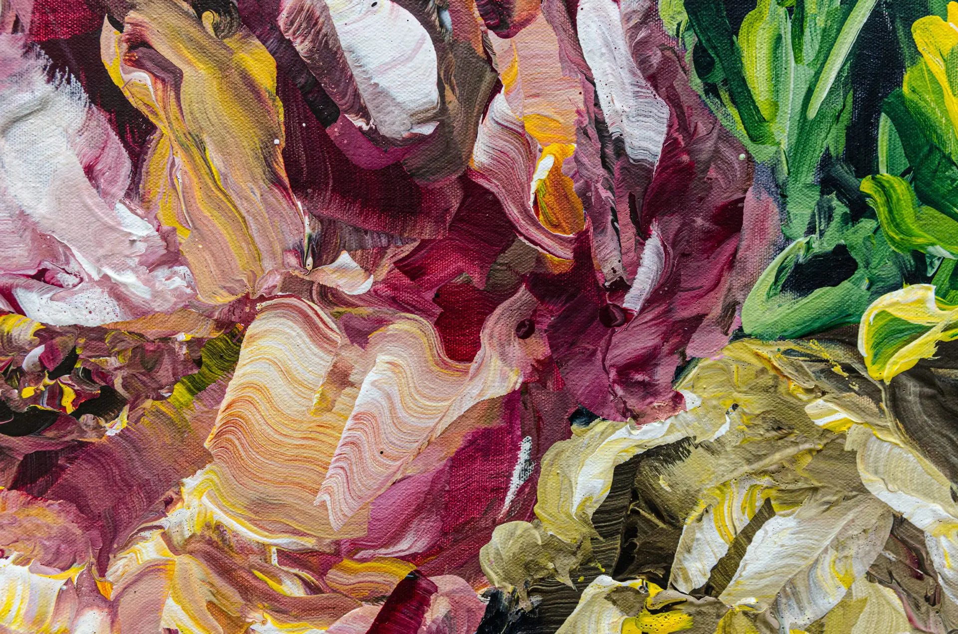 A detailed close up photo of a large abstract floral painting, Wildly Kissed #2 by Ramona Stelzer