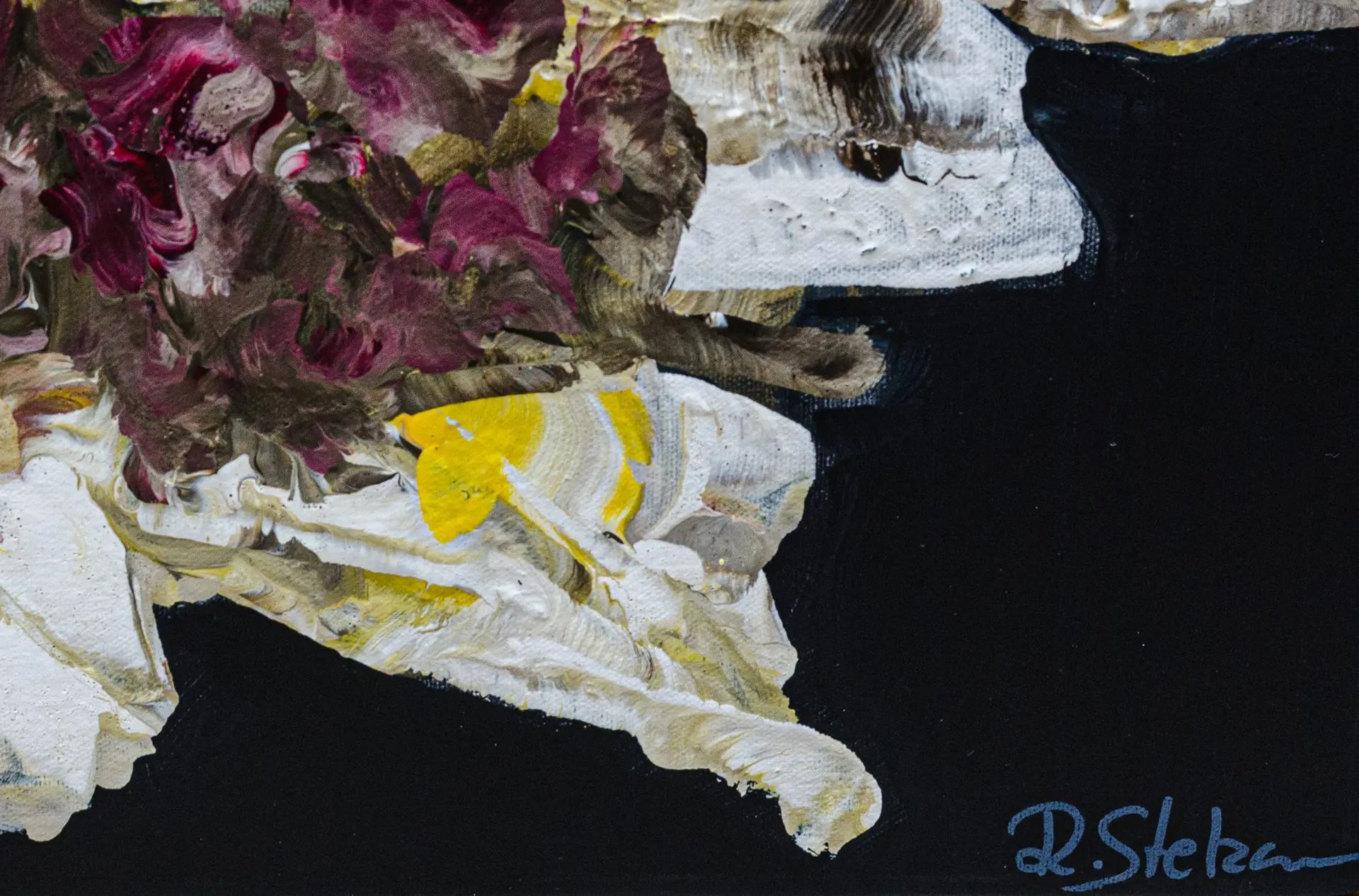 A detailed close up photo of a large abstract floral painting, Wildly Kissed #2 by Ramona Stelzer