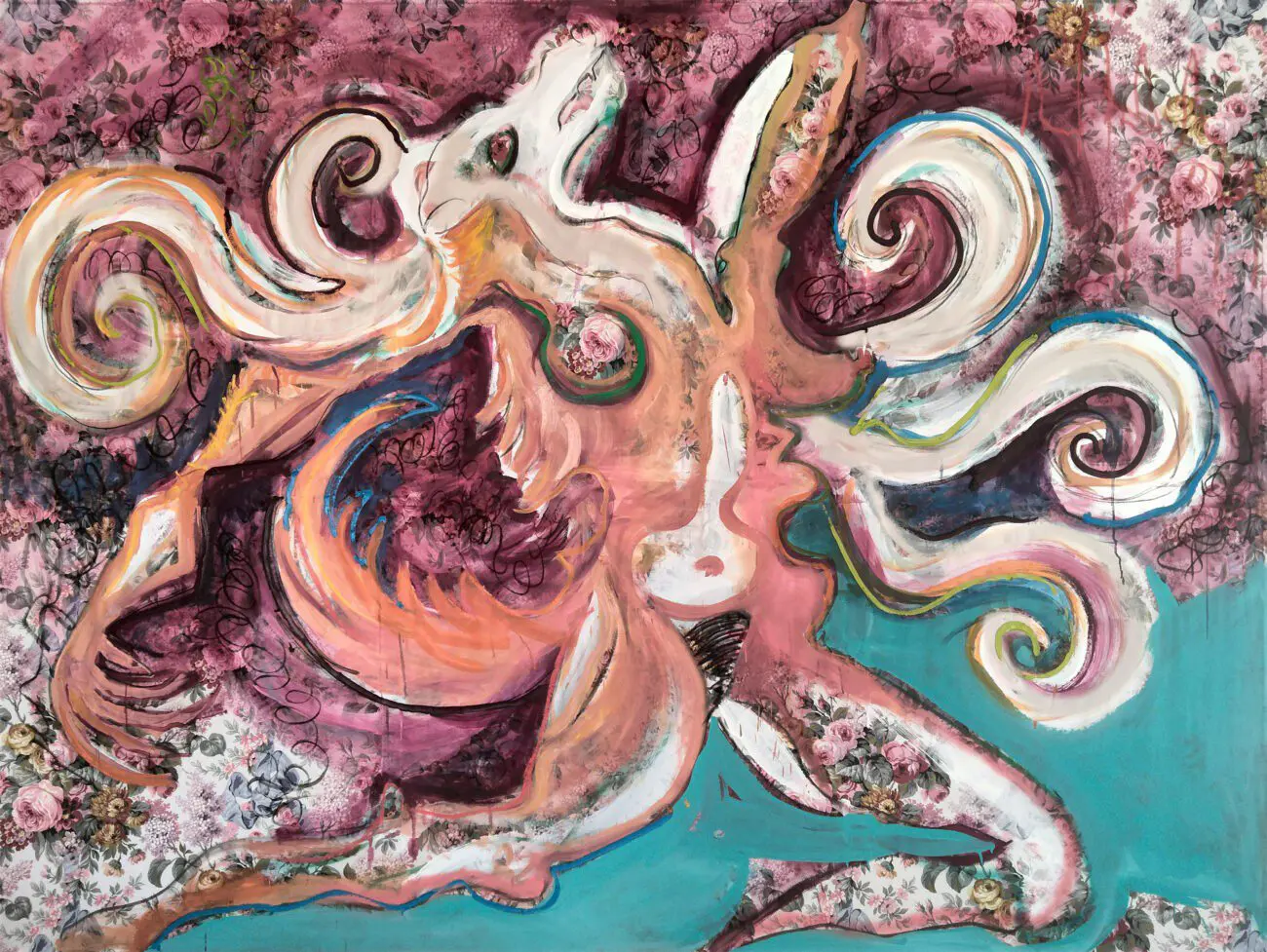 Aaron Sheppard Animus in Fur Who Lives Down the Lane 2022 73x95 oil acrylic charcol and collage on printed cotton